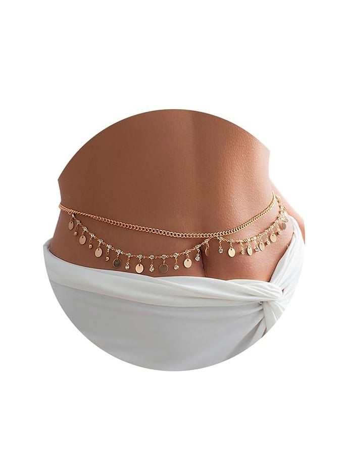 NALACAL سلسلة بطن مزينة بالأحجار اللامعة وسلسلة خصر بيكيني مجوهرات الجسم للسيدات والفتيات، سلسلة بطن للشاطئ مع طبقات من الذهب عيار 18 قيراط - Image 1