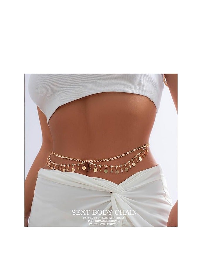 NALACAL سلسلة بطن مزينة بالأحجار اللامعة وسلسلة خصر بيكيني مجوهرات الجسم للسيدات والفتيات، سلسلة بطن للشاطئ مع طبقات من الذهب عيار 18 قيراط - Image 4