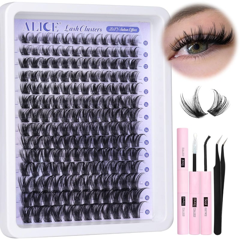 ALICE Lash Clsusters Kit Wispy Cluster Eyelash Extension Kit 168pcs 10-18mm Natural Fluffy Lash Extension Kit Thin Band Individual Lashes Kit with Lash Glue Bond and Seal DIY at Home
