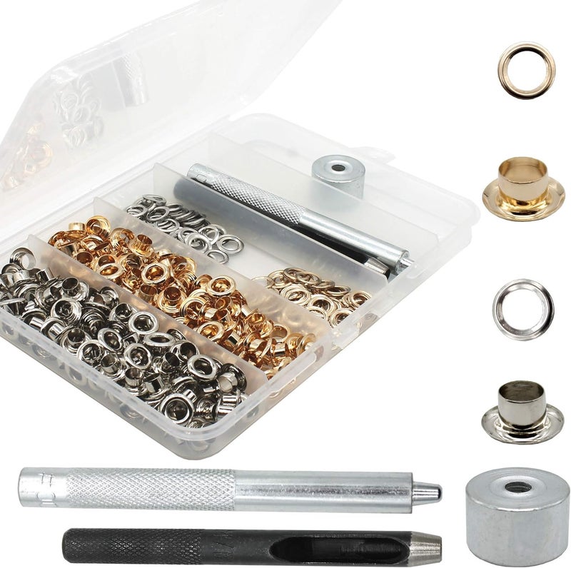Raydodo 200 Sets Reinforced Grommet Kit, 3/16 Inch Metal Brass Eyelet Kit with 3 Pieces Grommet Tool Boot Eyelet Repair Kit and Grommets for Fabric, Tarps, Leather, Belt with Storage Box - Image 1
