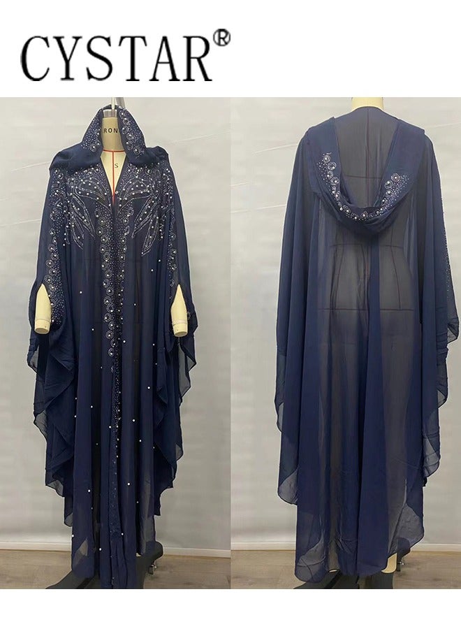 فستان بأكمام خفاش، رداء دبي بغطاء رأس وشال مرصع بالخرز الماسي الساخن