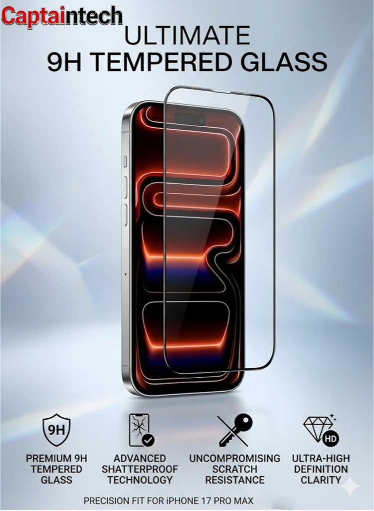 Captaintech Suitable for iPhone 17 Pro Max screen protector, high-quality 9H tempered glass, shatterproof and scratch resistant, high-definition transparent - Image 1