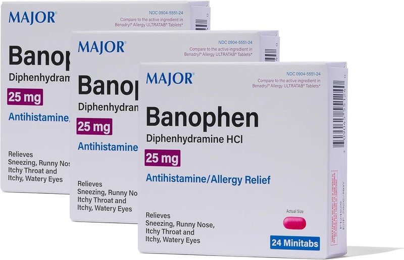 MAJOR Banophen Diphenhydramine HCI 25 mg Minitabs Temporary Relief from The Symptoms of Hay Fever and Upper Respiratory Allergies Antihistamine Allergy Medicine 24 Count 3 Pack - Image 1