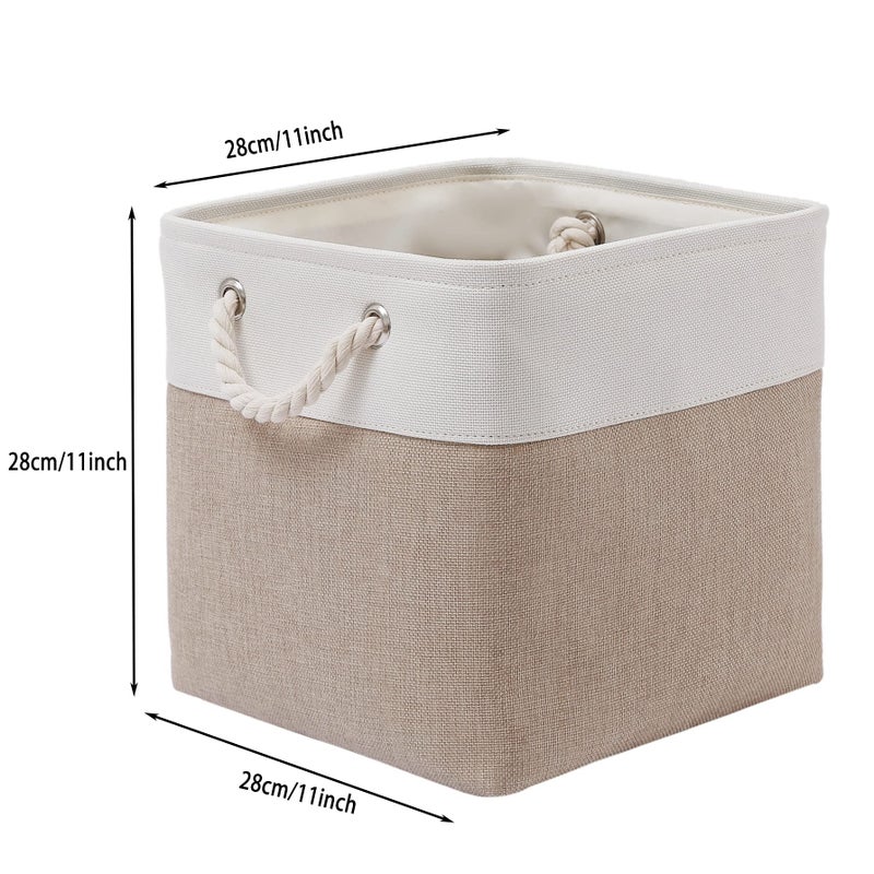 MidmmVick 11 x 11 Inch Cube Storage Bins, 6 Pack Large Collapsible Fabric Storage Bin with Ropes, Foldable Storage Cubes for Home, Office,Closet, Clothes, Toys Organizer (White & Beige-11"x11"x11") - Image 5