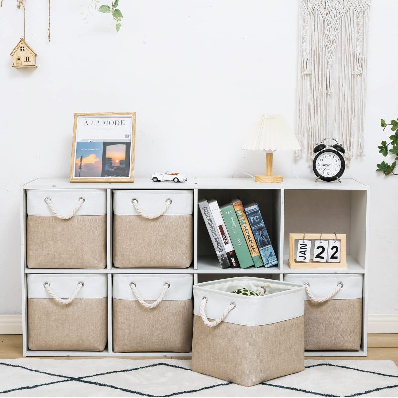 MidmmVick 11 x 11 Inch Cube Storage Bins, 6 Pack Large Collapsible Fabric Storage Bin with Ropes, Foldable Storage Cubes for Home, Office,Closet, Clothes, Toys Organizer (White & Beige-11"x11"x11") - Image 2