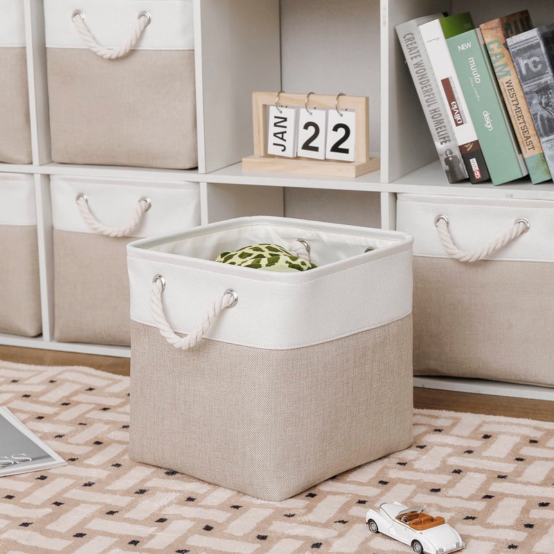 MidmmVick 11 x 11 Inch Cube Storage Bins, 6 Pack Large Collapsible Fabric Storage Bin with Ropes, Foldable Storage Cubes for Home, Office,Closet, Clothes, Toys Organizer (White & Beige-11"x11"x11") - Image 3
