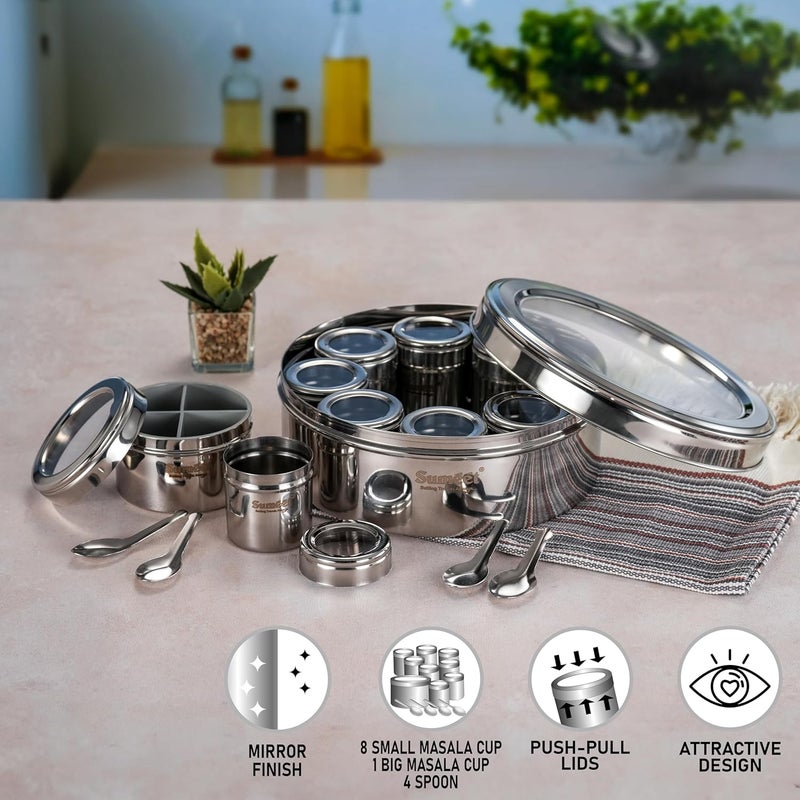Sumeet 12 in 1 Stainless Steel Airtight Masala Box/Organiser/Masala Dani for Kitchen with Middle Container Partition |12 Containers with Individual with See through Lid & 4 Spoon (22.8 cms) - Image 2