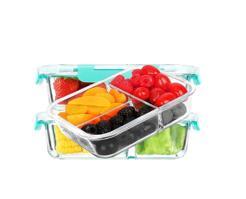 Jinelza 3 Compartment Rectangular Storage Glass Lunch Box With Leak Proof Airtight Lid Meal Prep Serving Bowl Food Containers Tiffin Plastic Lids Clamp Containers 1000Ml Pack Of 1Clear - Image 1