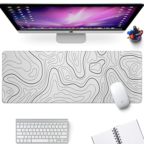 llzdeuan White Big Mousepad for Gaming Large Topographic Map Washable Desk Pad with Stitched Edge Office Supplies and Decor 315x118 Computer Keyboard Protector - Image 3