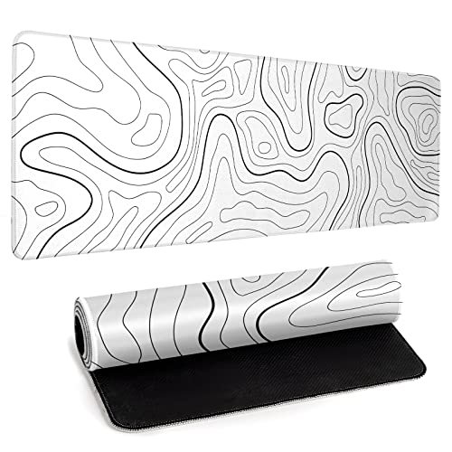 llzdeuan White Big Mousepad for Gaming Large Topographic Map Washable Desk Pad with Stitched Edge Office Supplies and Decor 315x118 Computer Keyboard Protector - Image 1