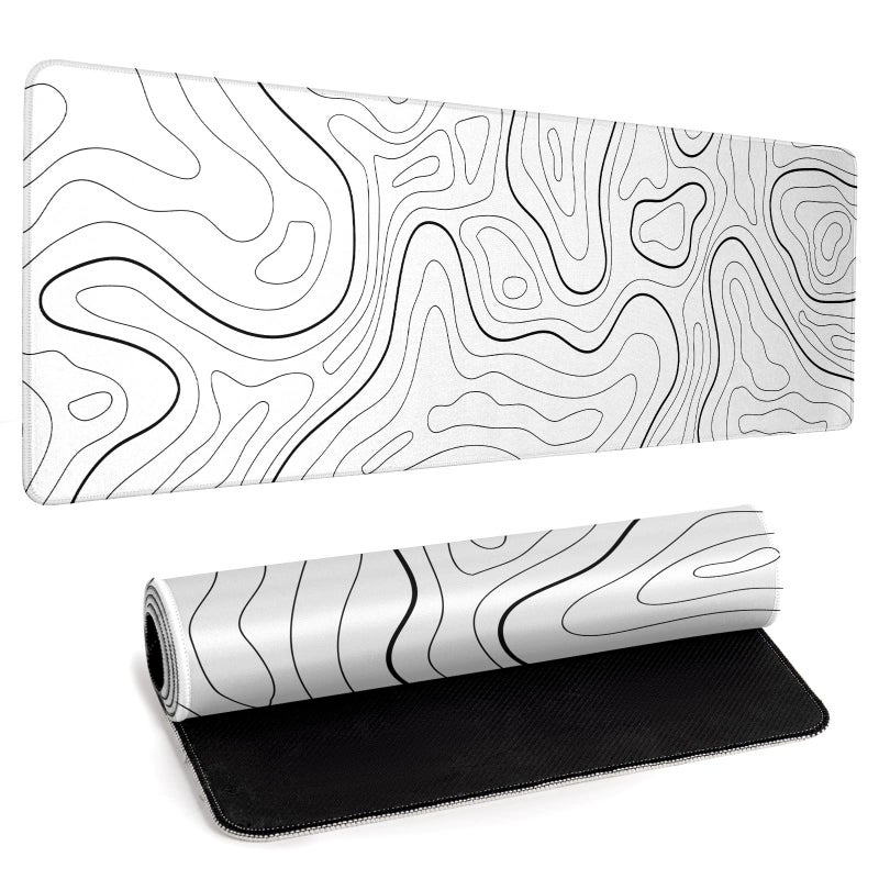 llzdeuan White Big Mousepad for Gaming Large Topographic Map Washable Desk Pad with Stitched Edge Office Supplies and Decor 315x118 Computer Keyboard Protector - Image 2