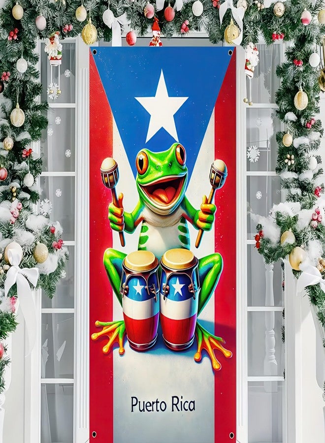 BlissYard Puerto Rico Frog Door Cover Banner Front Door Party Decor Party Frog Door Backdrop Decorations Photography Background 71 x 35 inch Indoor Outdoor Porch Sign For Birthday Christmas - Image 3