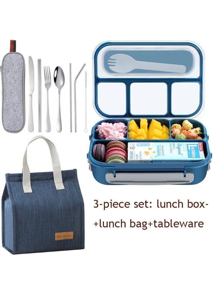 NIBEMINENT صناديق غداء للأطفال / البالغين مع حقيبة غداء وأدوات المائدة، صندوق غداء بنتو بأربعة أقسام للأطفال، صندوق غداء مقاوم للتسرب، آمن للاستخدام في الميكروويف وغسالة الصحون والفريزر، خالي من BPA، 1300 مل (أزرق) - Image 1