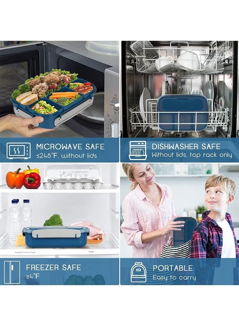NIBEMINENT صناديق غداء للأطفال / البالغين مع حقيبة غداء وأدوات المائدة، صندوق غداء بنتو بأربعة أقسام للأطفال، صندوق غداء مقاوم للتسرب، آمن للاستخدام في الميكروويف وغسالة الصحون والفريزر، خالي من BPA، 1300 مل (أزرق) - Image 5