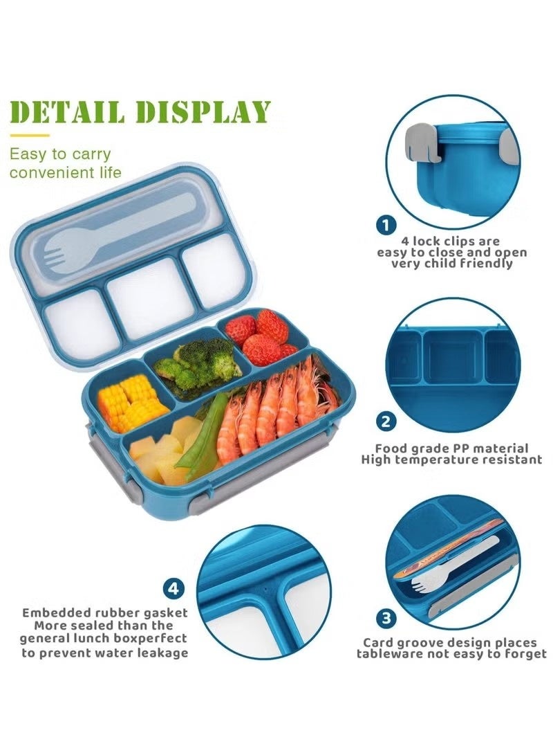 NIBEMINENT صناديق غداء للأطفال / البالغين مع حقيبة غداء وأدوات المائدة، صندوق غداء بنتو بأربعة أقسام للأطفال، صندوق غداء مقاوم للتسرب، آمن للاستخدام في الميكروويف وغسالة الصحون والفريزر، خالي من BPA، 1300 مل (أزرق) - Image 2