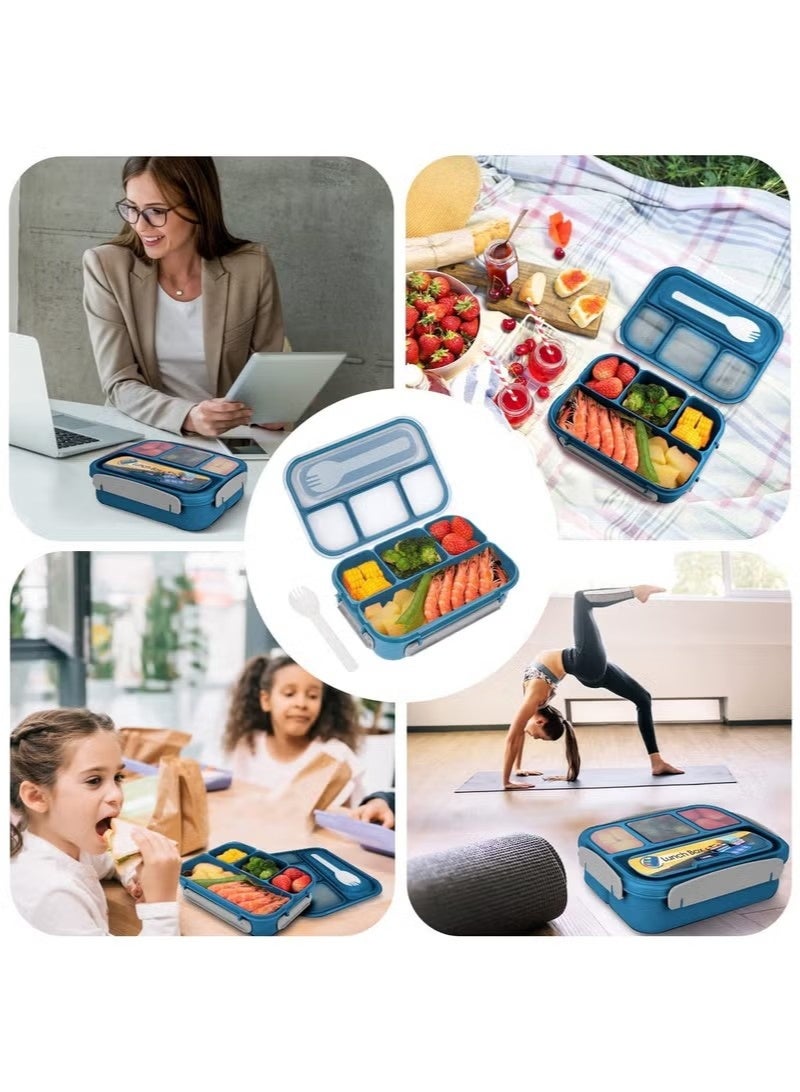 NIBEMINENT صناديق غداء للأطفال / البالغين مع حقيبة غداء وأدوات المائدة، صندوق غداء بنتو بأربعة أقسام للأطفال، صندوق غداء مقاوم للتسرب، آمن للاستخدام في الميكروويف وغسالة الصحون والفريزر، خالي من BPA، 1300 مل (أزرق) - Image 3