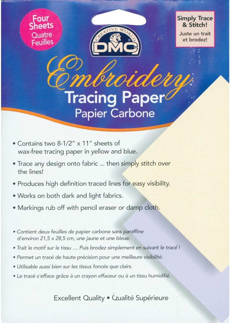 DMC Embroidery Tracing Paper - Wax-Free Transfer Paper, 4 Sheets (2 Yellow & 2 Blue)