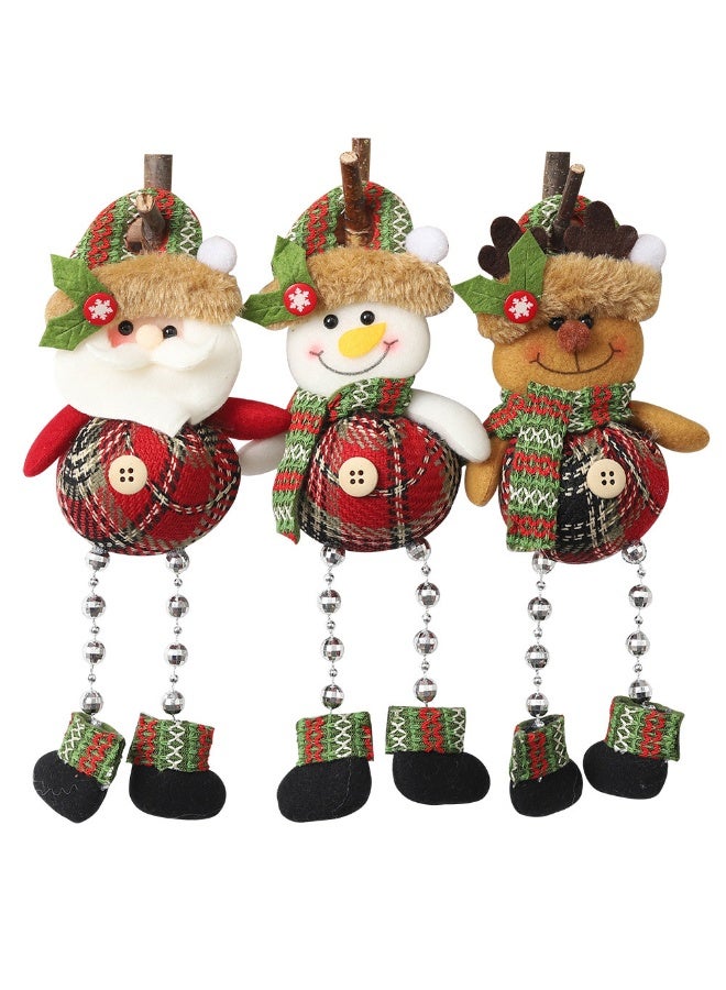 PEI  AN Plaid Hanging Ornaments with Beaded Legs - Santa, Snowman, Elk Figures for Xmas Tree, Window, Home Decor (Set of 3 Styles) - Image 4