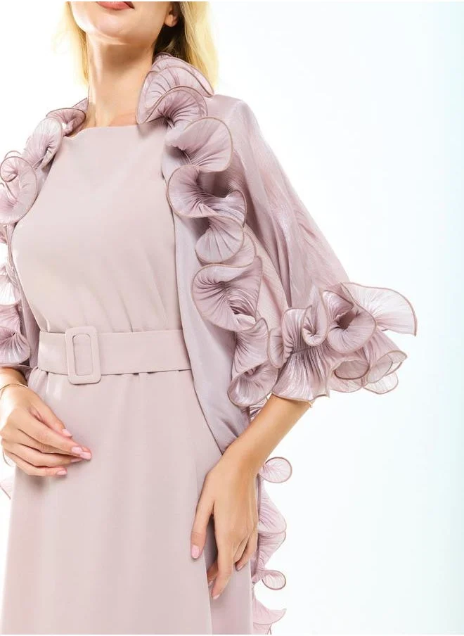 House of Moda House of Moda Plain Belted Maxi Dress with Detachable Ruffle Shrug