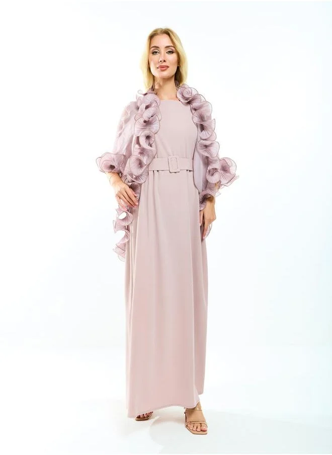 هاوس اوف مودا Plain Belted Maxi Dress with Detachable Ruffle Shrug by Styli