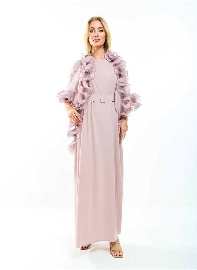 House of Moda House of Moda Plain Belted Maxi Dress with Detachable Ruffle Shrug - Image 1