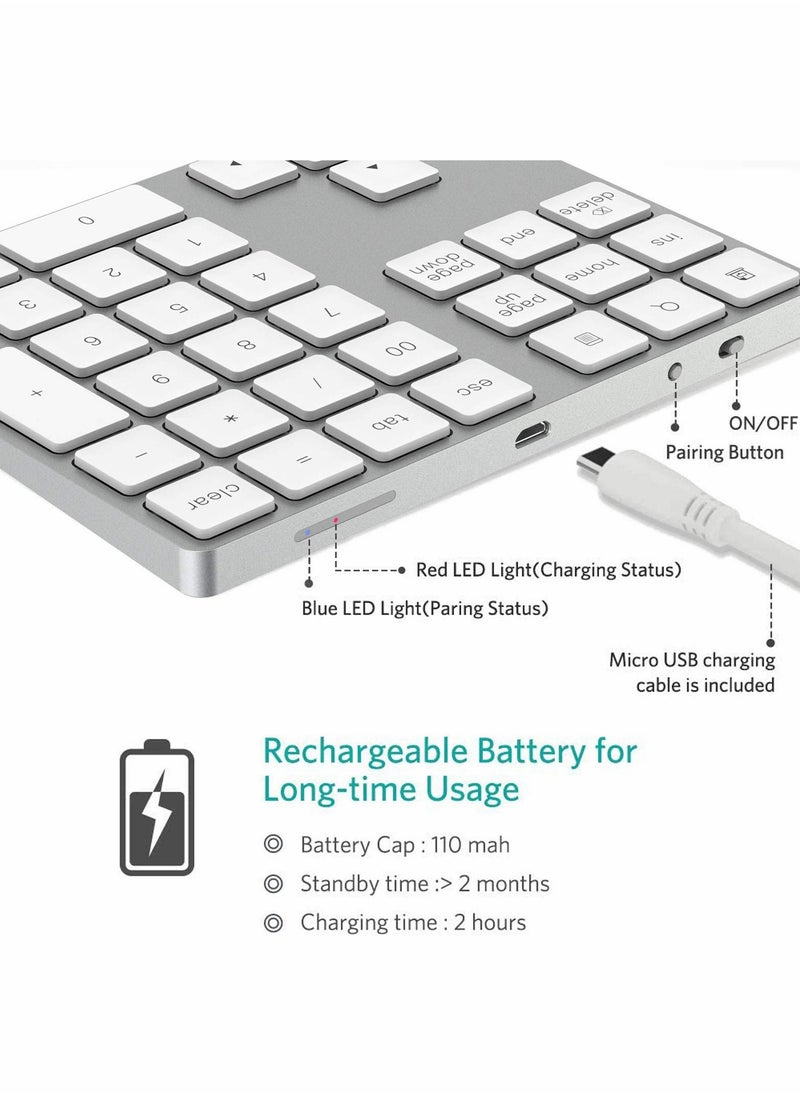 Excefore - Bluetooth Number Pad, Rechargeable Wireless Numeric Keypad Slim 34-Keys External Numpad Keyboard Data Entry(Silver) - Image 1