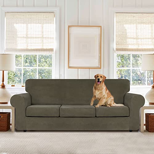 WEERRW 4 Pieces Velvet High Stretch Couch Covers for 3 Cushion Couch Sofa Slipcovers, Washable Furniture Protector with Non Slip Elastic Bottom, Feature Soft and Thick Plush Fabric, Light Brown, Large - Image 2
