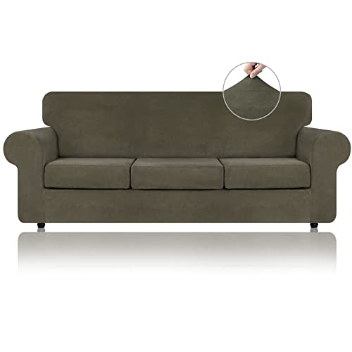 WEERRW 4 Pieces Velvet High Stretch Couch Covers for 3 Cushion Couch Sofa Slipcovers, Washable Furniture Protector with Non Slip Elastic Bottom, Feature Soft and Thick Plush Fabric, Light Brown, Large - Image 1