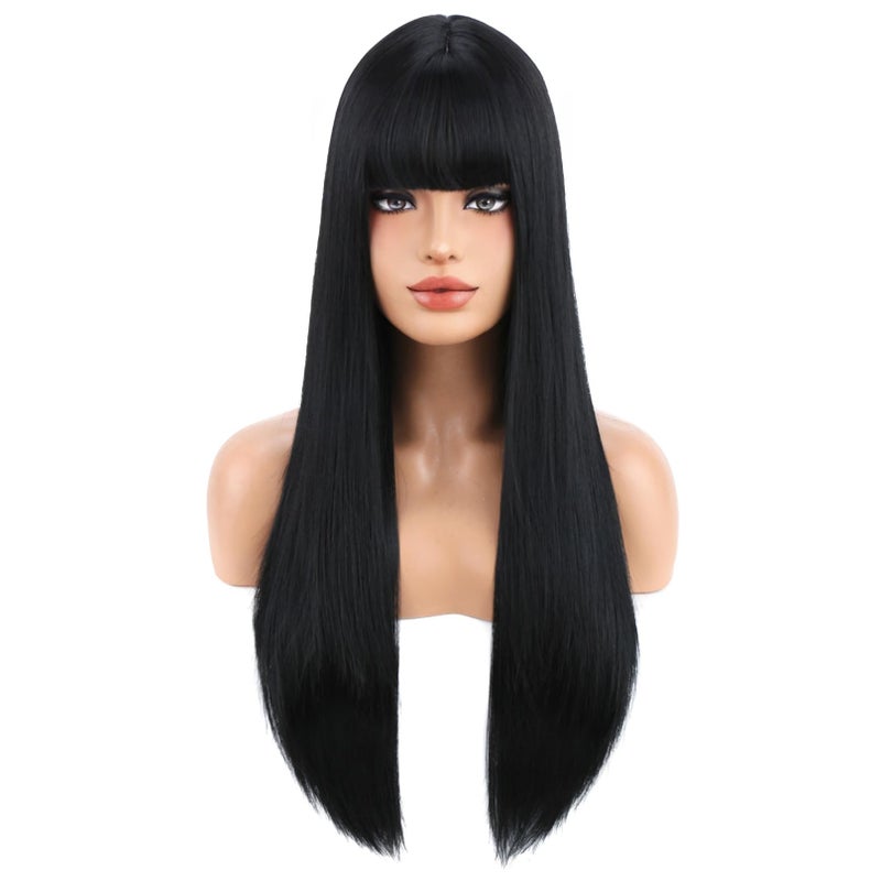 BERON Black Wigs Straight Long Hair Wigs with Bangs Women Fashion Heat Resistant Synthetic Natural Looking Wig for Cosplay Party or Daily Use