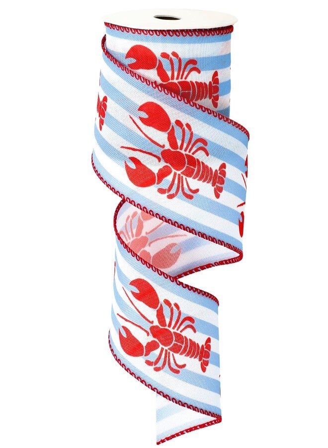 FYSUIMU Crawfish Wired Edge Ribbon Watercolor Summer Crayfish Stripe Craft Ribbons Blue Red Lobster Fabric Ribbon for Wreath Bow Making DIY Crafts Wrapping Party Decor, 12 Yard - Image 1