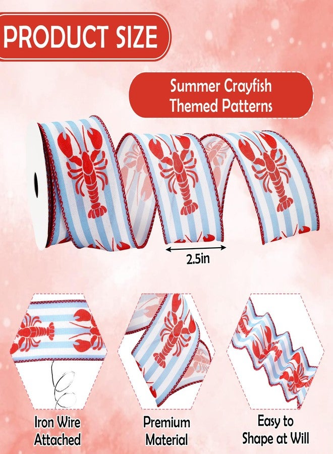 FYSUIMU Crawfish Wired Edge Ribbon Watercolor Summer Crayfish Stripe Craft Ribbons Blue Red Lobster Fabric Ribbon for Wreath Bow Making DIY Crafts Wrapping Party Decor, 12 Yard - Image 2