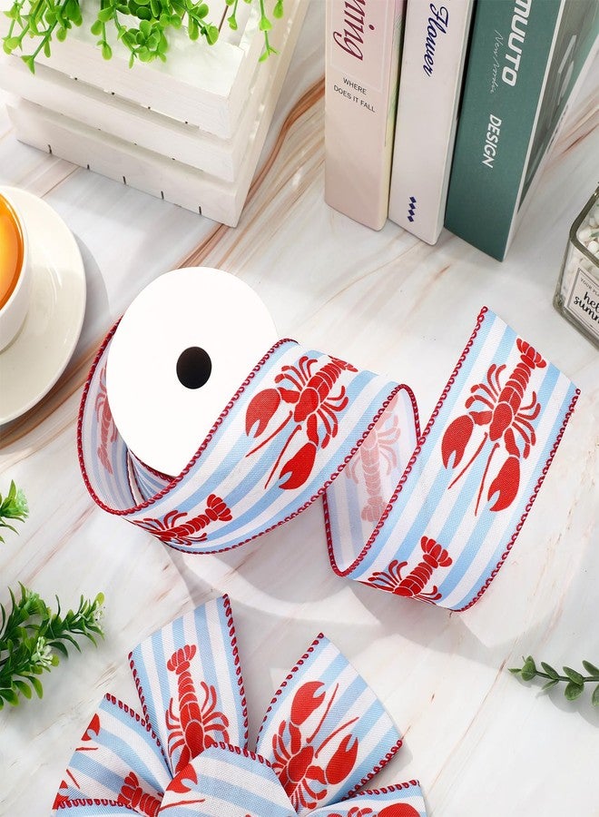 FYSUIMU Crawfish Wired Edge Ribbon Watercolor Summer Crayfish Stripe Craft Ribbons Blue Red Lobster Fabric Ribbon for Wreath Bow Making DIY Crafts Wrapping Party Decor, 12 Yard - Image 3