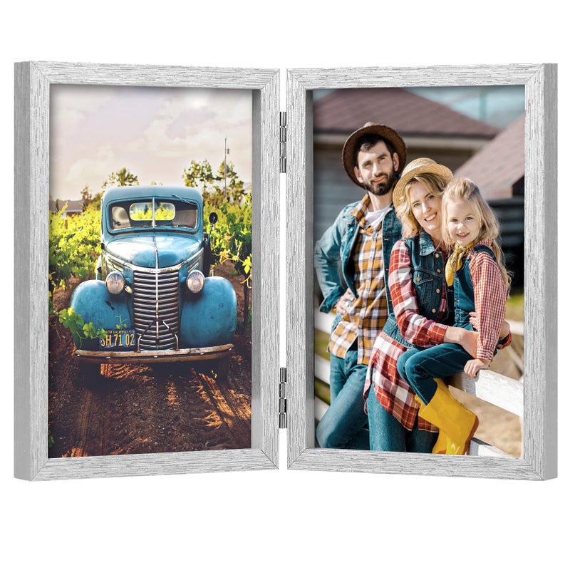 AEVETE 4x6 Picture Frames Double Hinged Wood Folding Photo Frames Vertical with Real Glass Front  Sliver - Image 1