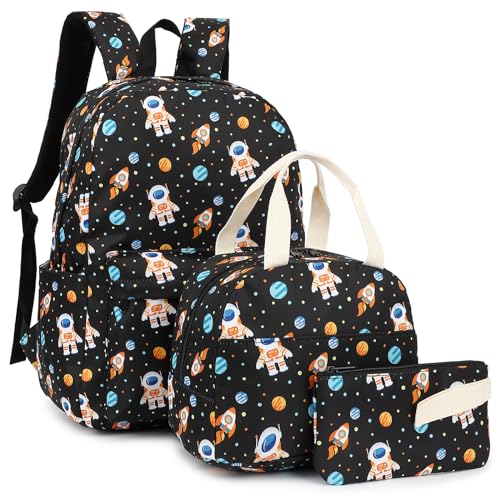 Kouxunt Astronaut Boys School Backpacks for Kids Teens 3in1 School Bag Bookbags Set with Lunch Bag Pencil Case Black - Image 1