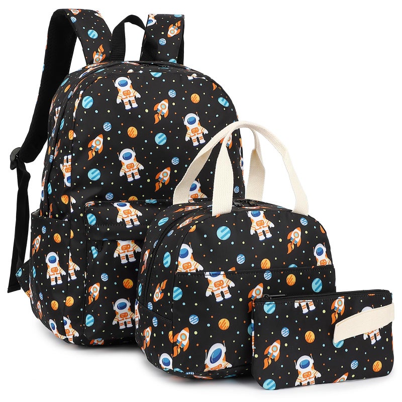 Kouxunt Astronaut Boys School Backpacks for Kids Teens 3in1 School Bag Bookbags Set with Lunch Bag Pencil Case Black - Image 2