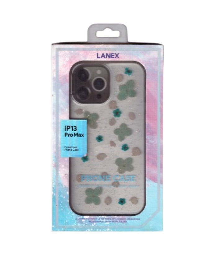 LANEX iPhone 13 Pro Max Case - Mint Green Glitter Floral Design | Shockproof