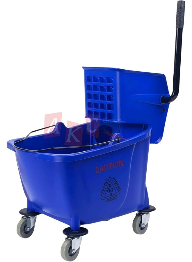 AKC 32L Mop Wringer Bucket with Deluxe Wringer | Commercial Blue Cleaning Trolley with Side Press and Wheels – Heavy-Duty Plastic Bucket for Hotels, Hospitals, Offices & Professional Use 