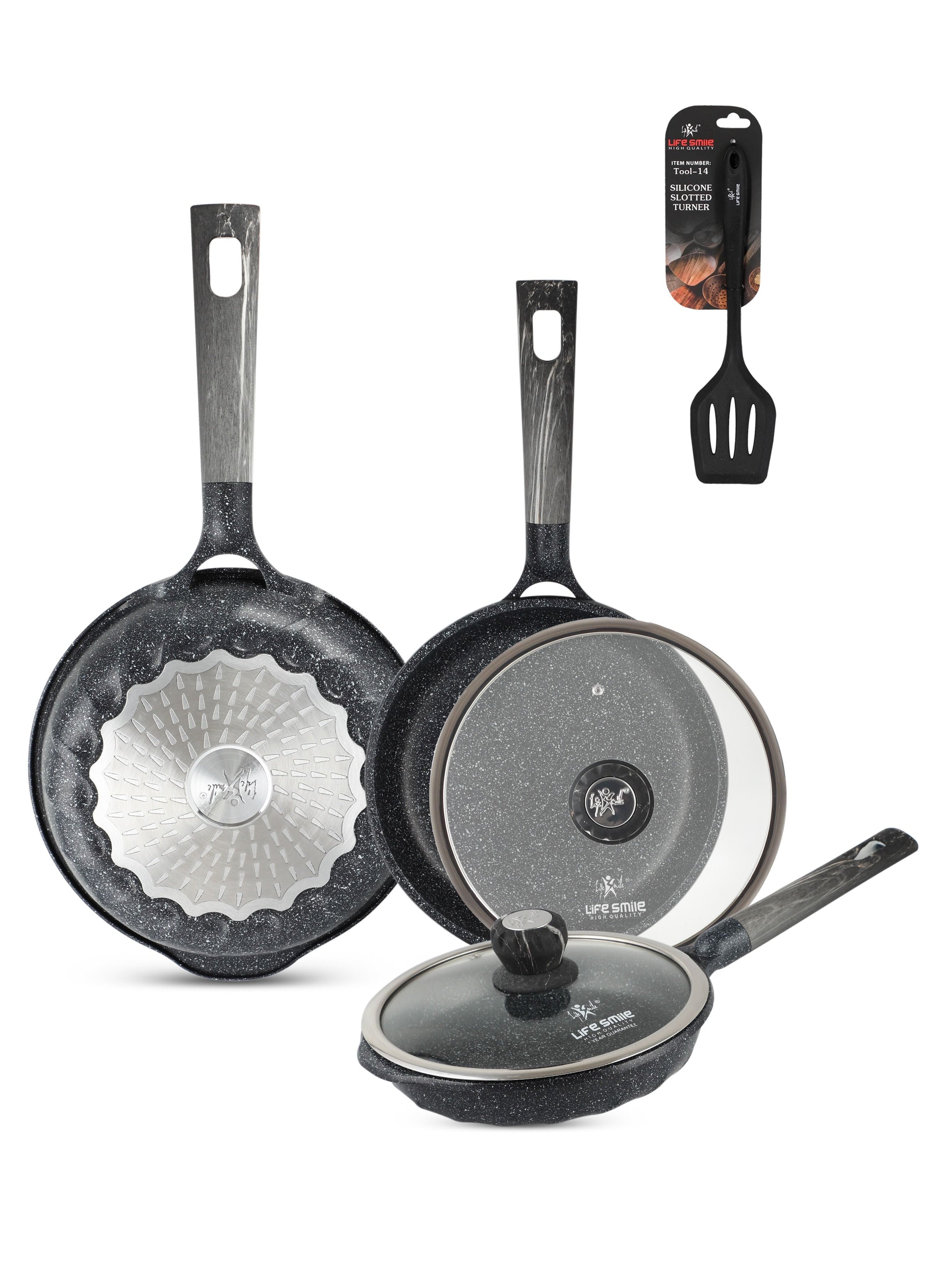 Life Smile Frying Pan Set with Lid -Die Cast Aluminum Body With Multi Layer Granite Non-Stick Coating Fry Pan - 20/22/26CM - 100% PFOA FREE - Heat-Resistant Handle Hanging Loop 