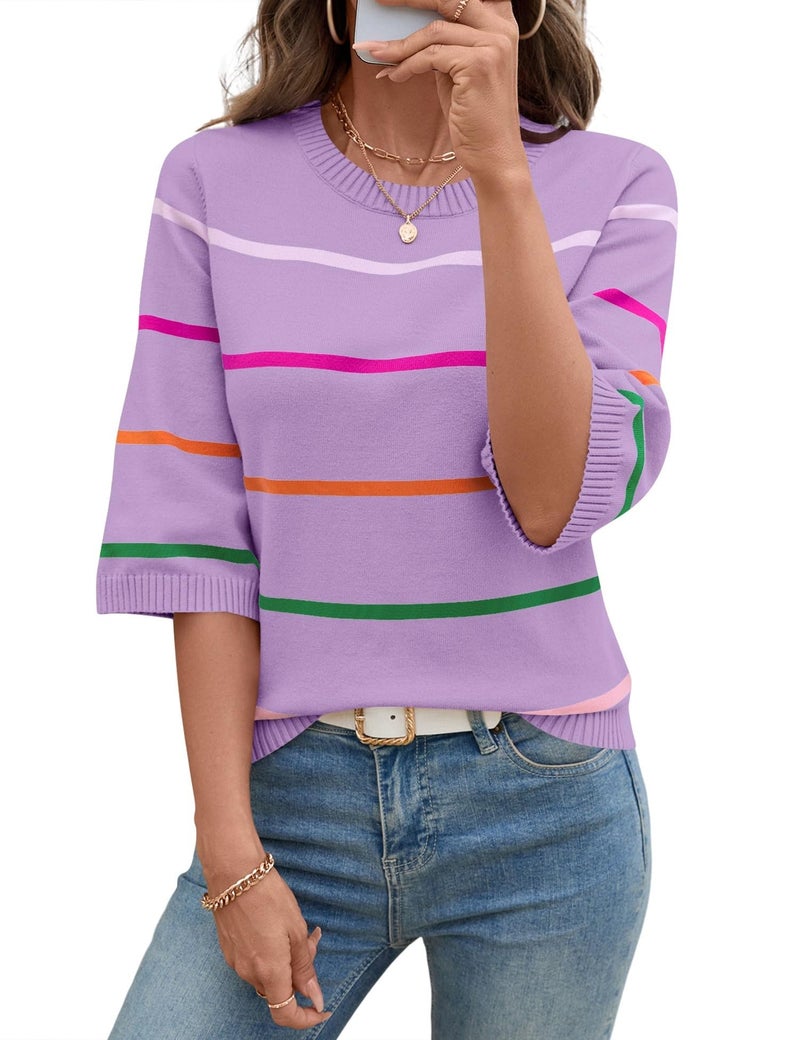 LOMON Sweaters for Women Trendy Crew Neck Fashion Striped Bell Sleeve 3/4 Sleeve Tops Soft Comfy Knit Pullover, XL - Image 1