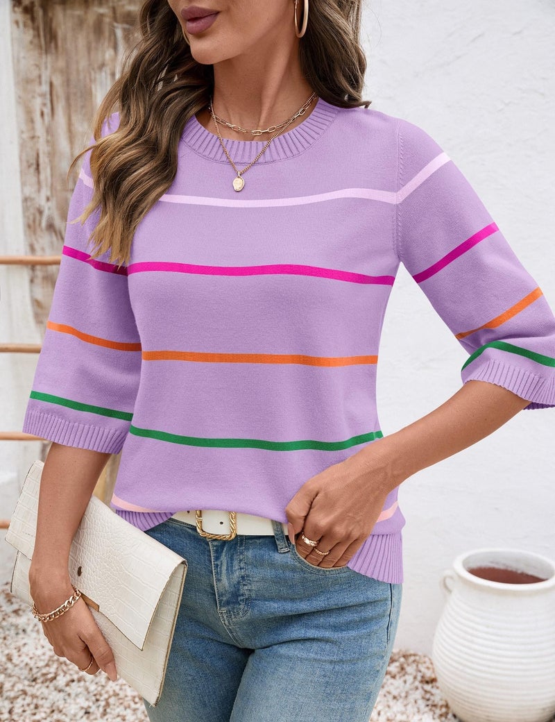 LOMON Sweaters for Women Trendy Crew Neck Fashion Striped Bell Sleeve 3/4 Sleeve Tops Soft Comfy Knit Pullover, XL - Image 2