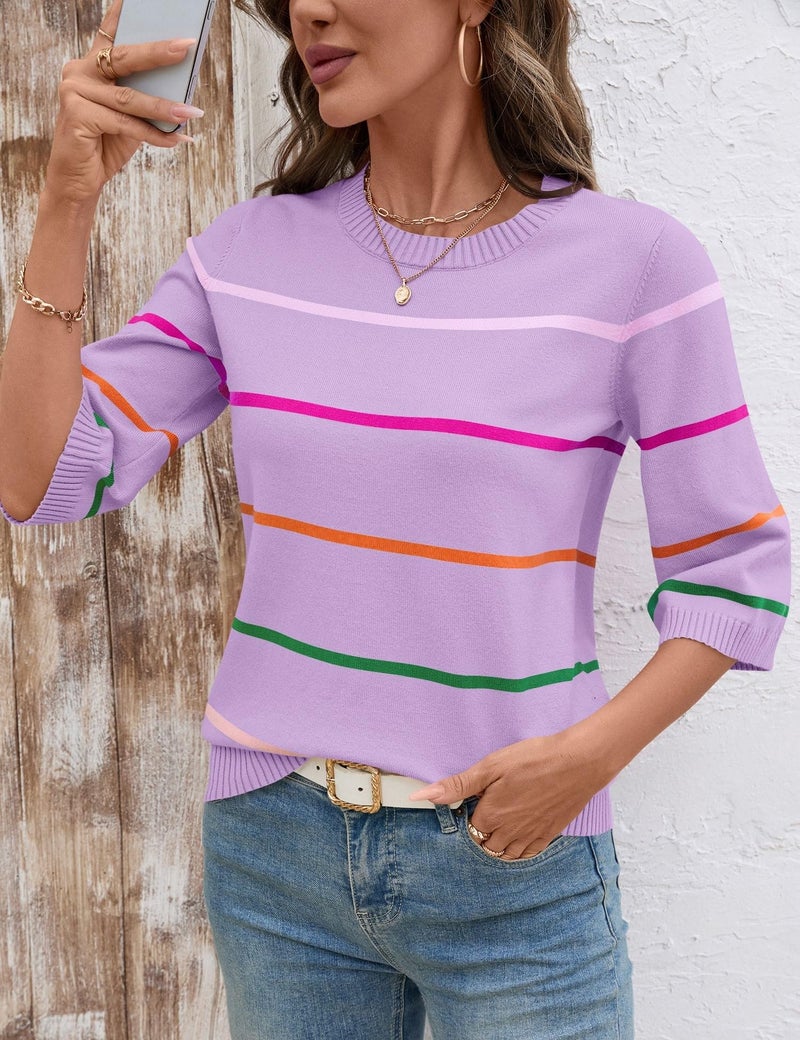 LOMON Sweaters for Women Trendy Crew Neck Fashion Striped Bell Sleeve 3/4 Sleeve Tops Soft Comfy Knit Pullover, XL - Image 3