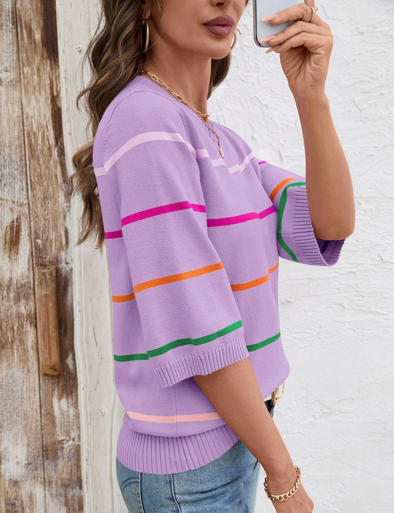 LOMON Sweaters for Women Trendy Crew Neck Fashion Striped Bell Sleeve 3/4 Sleeve Tops Soft Comfy Knit Pullover, XL - Image 5