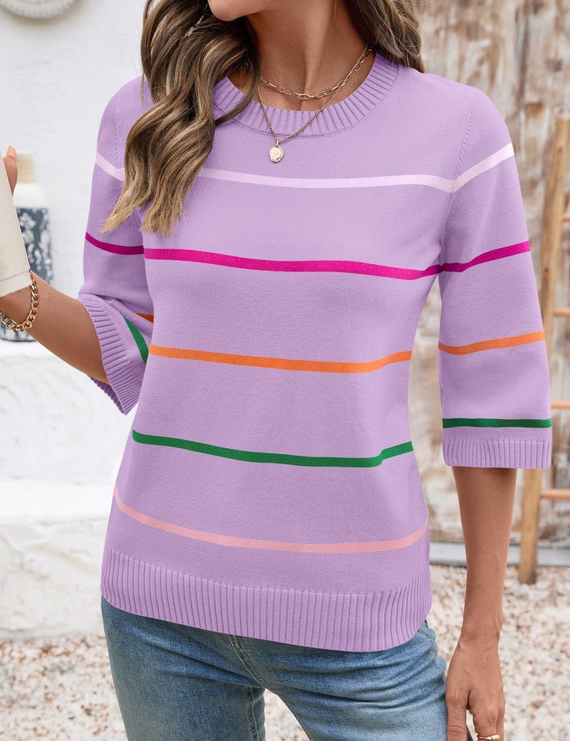 LOMON Sweaters for Women Trendy Crew Neck Fashion Striped Bell Sleeve 3/4 Sleeve Tops Soft Comfy Knit Pullover, XL - Image 4