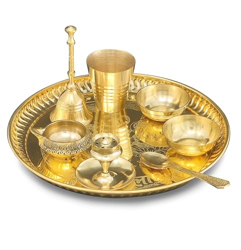 BENGALEN Brass Pooja thali Set 8 Inch with Pital Plate Glass Spoon Ghanti Bowl Agarbatti Stand Kuber Diya Puja Thali for Diwali Home Mandir Office Wedding Return Gift Items - Image 4