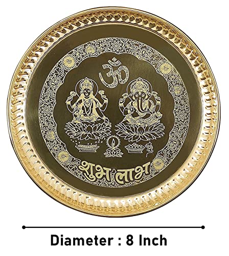 BENGALEN Brass Pooja thali Set 8 Inch with Pital Plate Glass Spoon Ghanti Bowl Agarbatti Stand Kuber Diya Puja Thali for Diwali Home Mandir Office Wedding Return Gift Items - Image 2