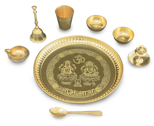 BENGALEN Brass Pooja thali Set 8 Inch with Pital Plate Glass Spoon Ghanti Bowl Agarbatti Stand Kuber Diya Puja Thali for Diwali Home Mandir Office Wedding Return Gift Items - Image 3