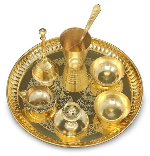 BENGALEN Brass Pooja thali Set 8 Inch with Pital Plate Glass Spoon Ghanti Bowl Agarbatti Stand Kuber Diya Puja Thali for Diwali Home Mandir Office Wedding Return Gift Items - Image 5