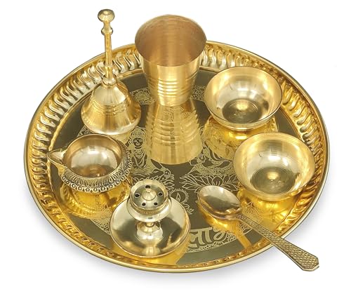 BENGALEN Brass Pooja thali Set 8 Inch with Pital Plate Glass Spoon Ghanti Bowl Agarbatti Stand Kuber Diya Puja Thali for Diwali Home Mandir Office Wedding Return Gift Items - Image 1