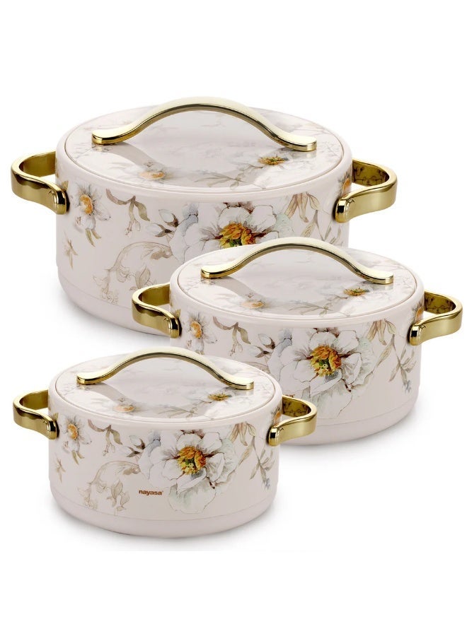 NAYASA Bethany 3-Piece Insulated Hotpot Set- 1.5L/2.5L/3.5L – Stainless Steel Inner, Floral Marble Design, Gold Handles – Food Warmer Casserole Set for Serving & Dining- SPRING(M) - Image 1