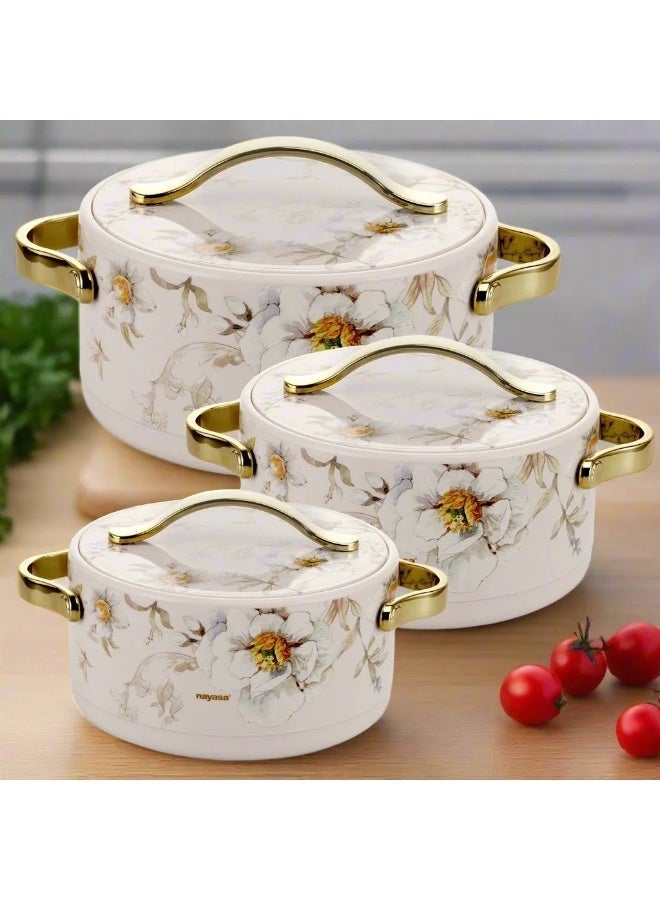 NAYASA Bethany 3-Piece Insulated Hotpot Set- 1.5L/2.5L/3.5L – Stainless Steel Inner, Floral Marble Design, Gold Handles – Food Warmer Casserole Set for Serving & Dining- SPRING(M) - Image 2